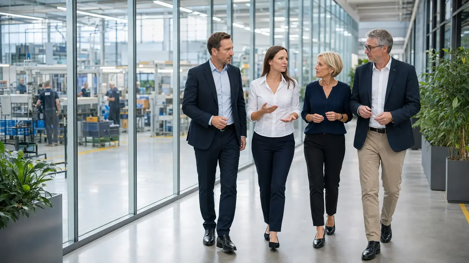 Gemeinsamer Rundgang durch ein Unternehmen mit Blick in die Produktion